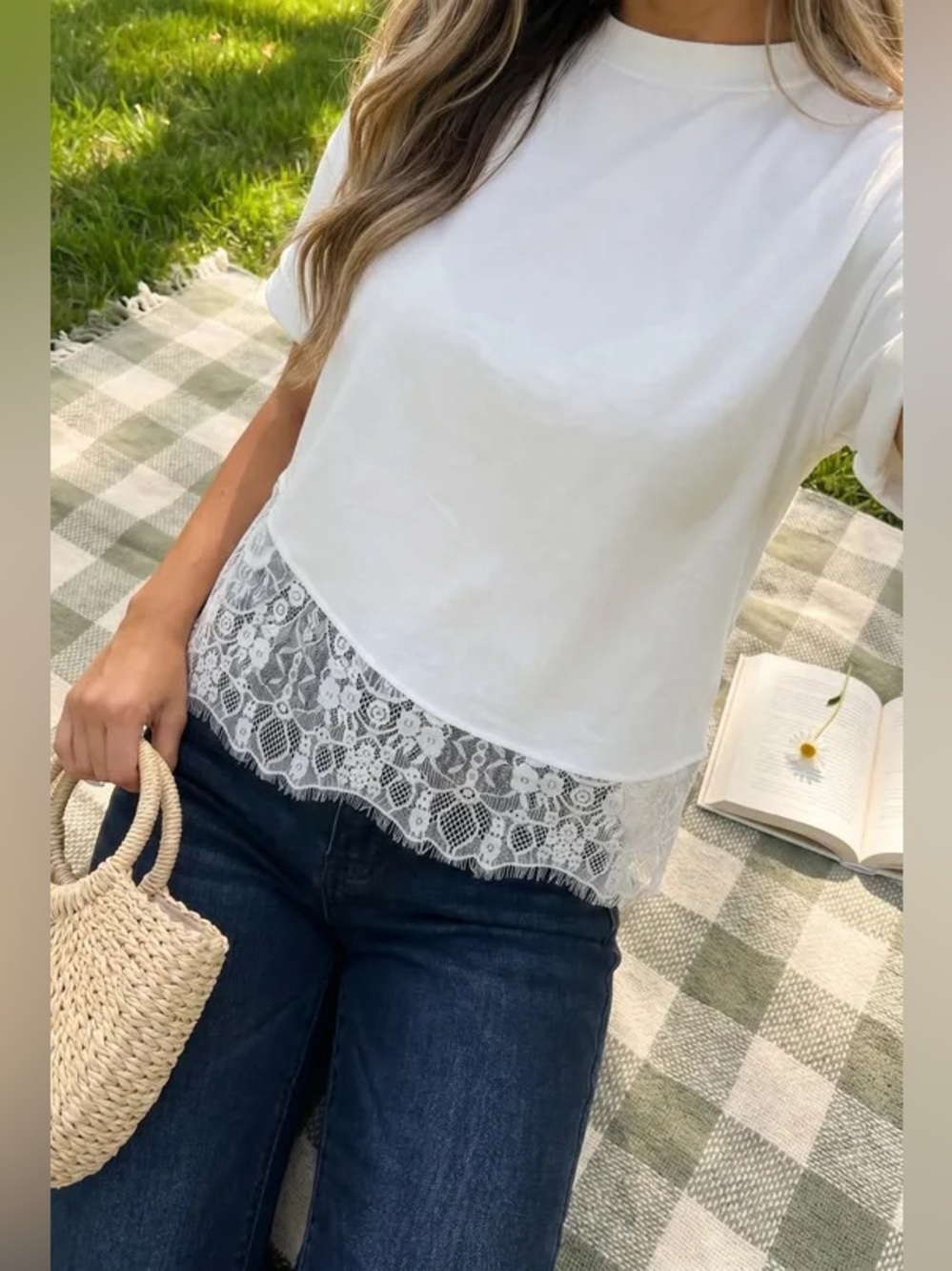 Kate White Lace-Hem Short Sleeve Top - Women